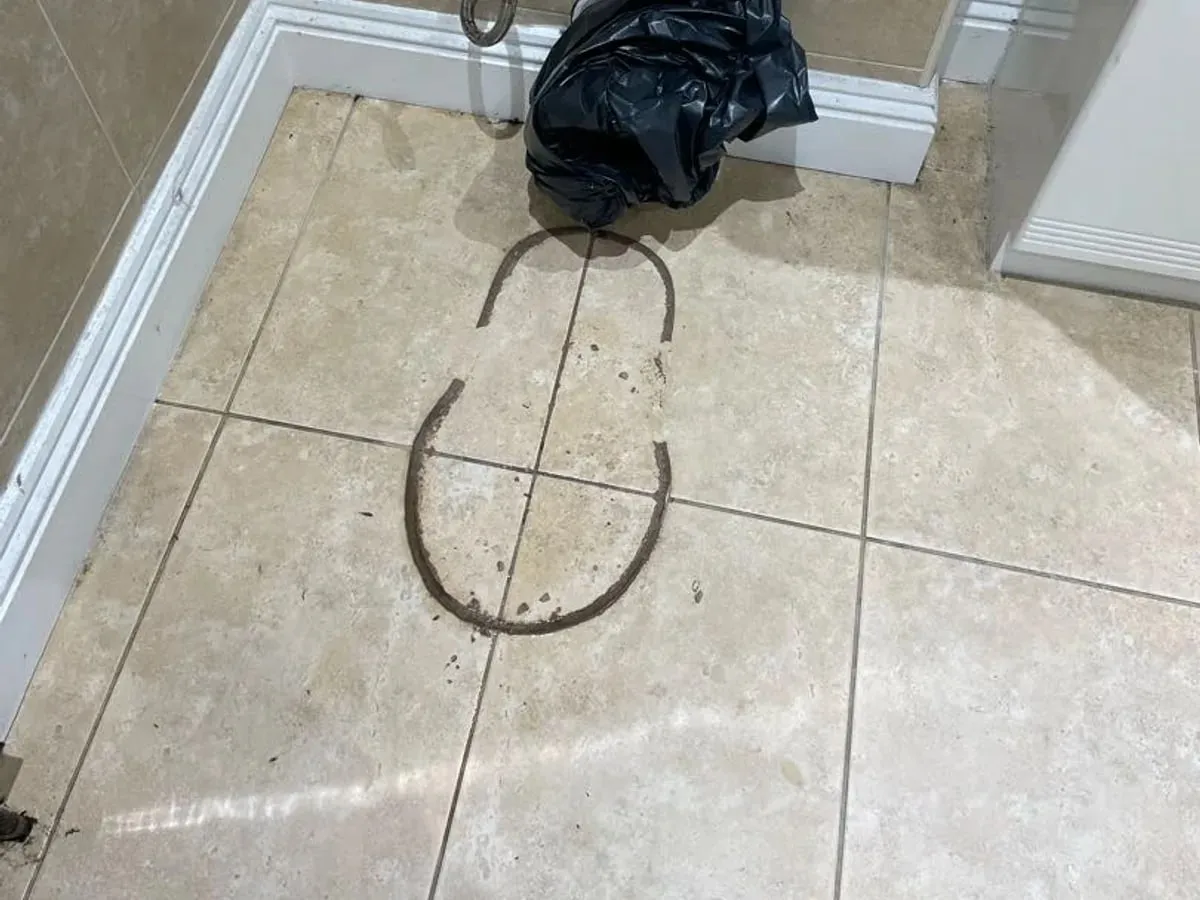 Bathroom floor tiles after removal of the toilet, with its former footprint visible