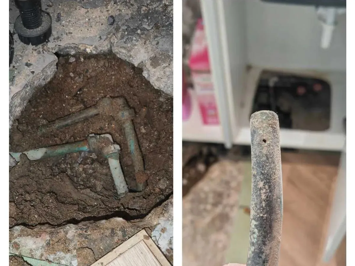 Paired published photographs show the excavated pipe elbow and a removed copper pipe section